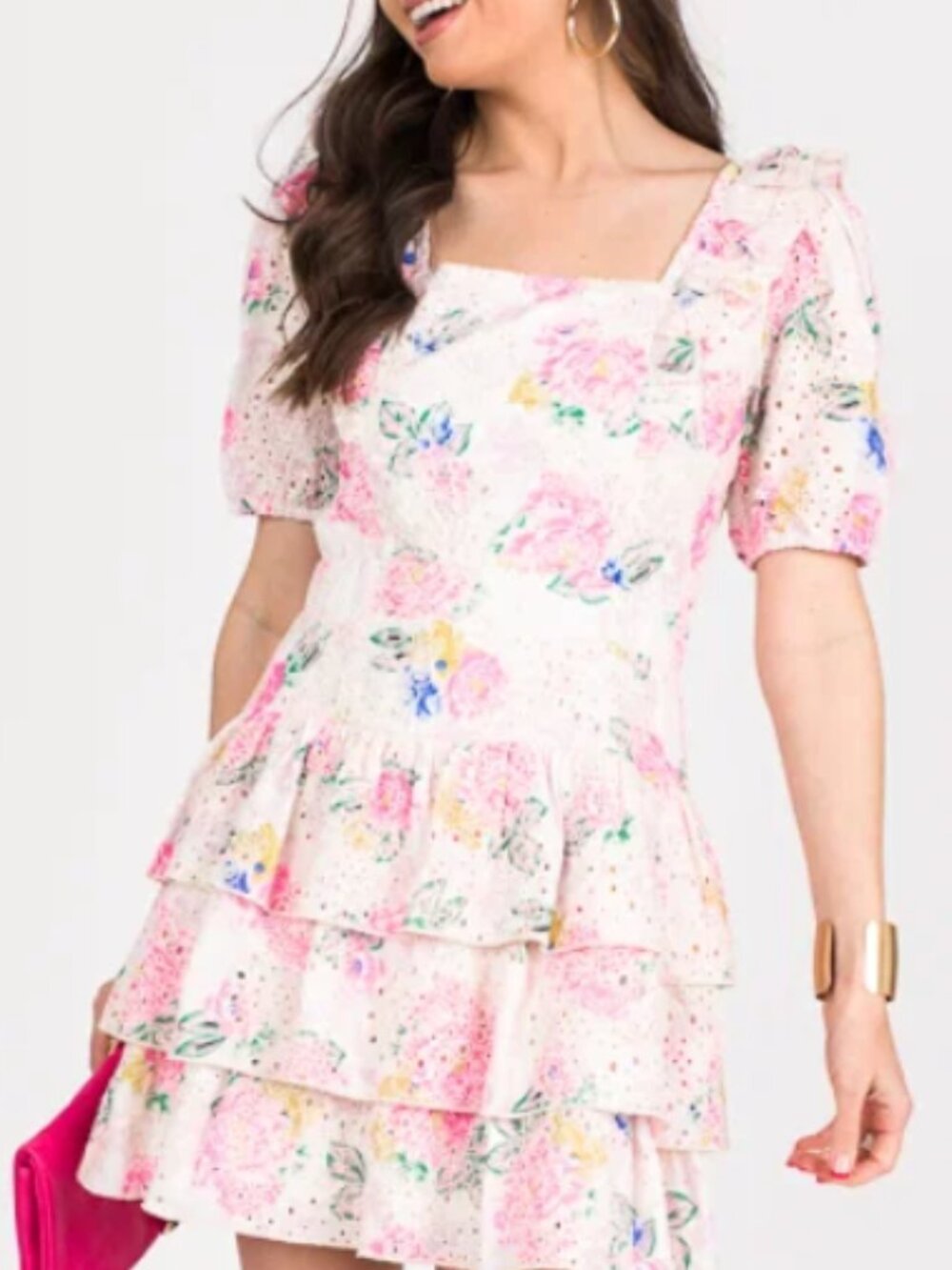 NWT Adelyn Rae "Kerry" Eyelet Floral Pink and White Ruffle Mini Dress Size L